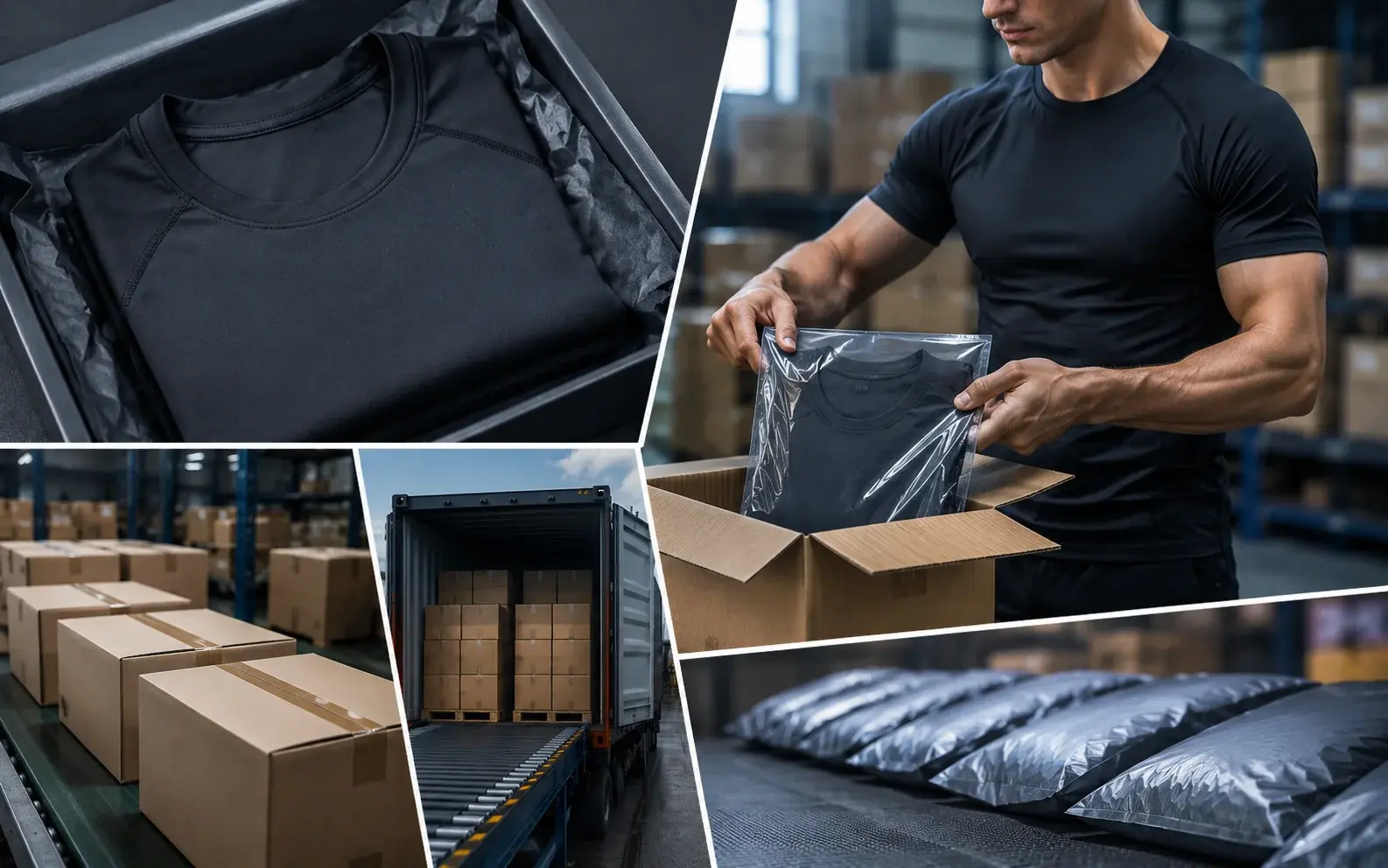 Compression shirt delivery and shipping process showing packaged shirts, warehouse boxes, order packing, sealed apparel bags, and bulk shipment preparation.